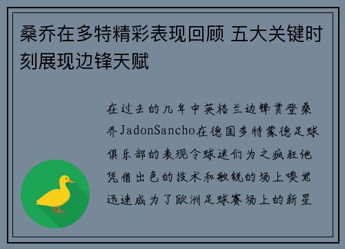 桑乔在多特精彩表现回顾 五大关键时刻展现边锋天赋